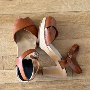Swedish Hasbeens Cognac Leather Wooden Platform Sandals